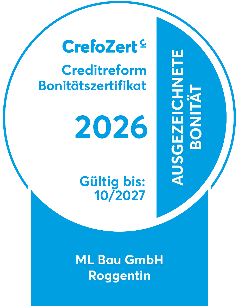 CrefoZert Creditreform Bonitätszertifikat 2026: ausgezeichnete Bonität, gültig bis 10/2027, ML Bau GmbH Roggentin